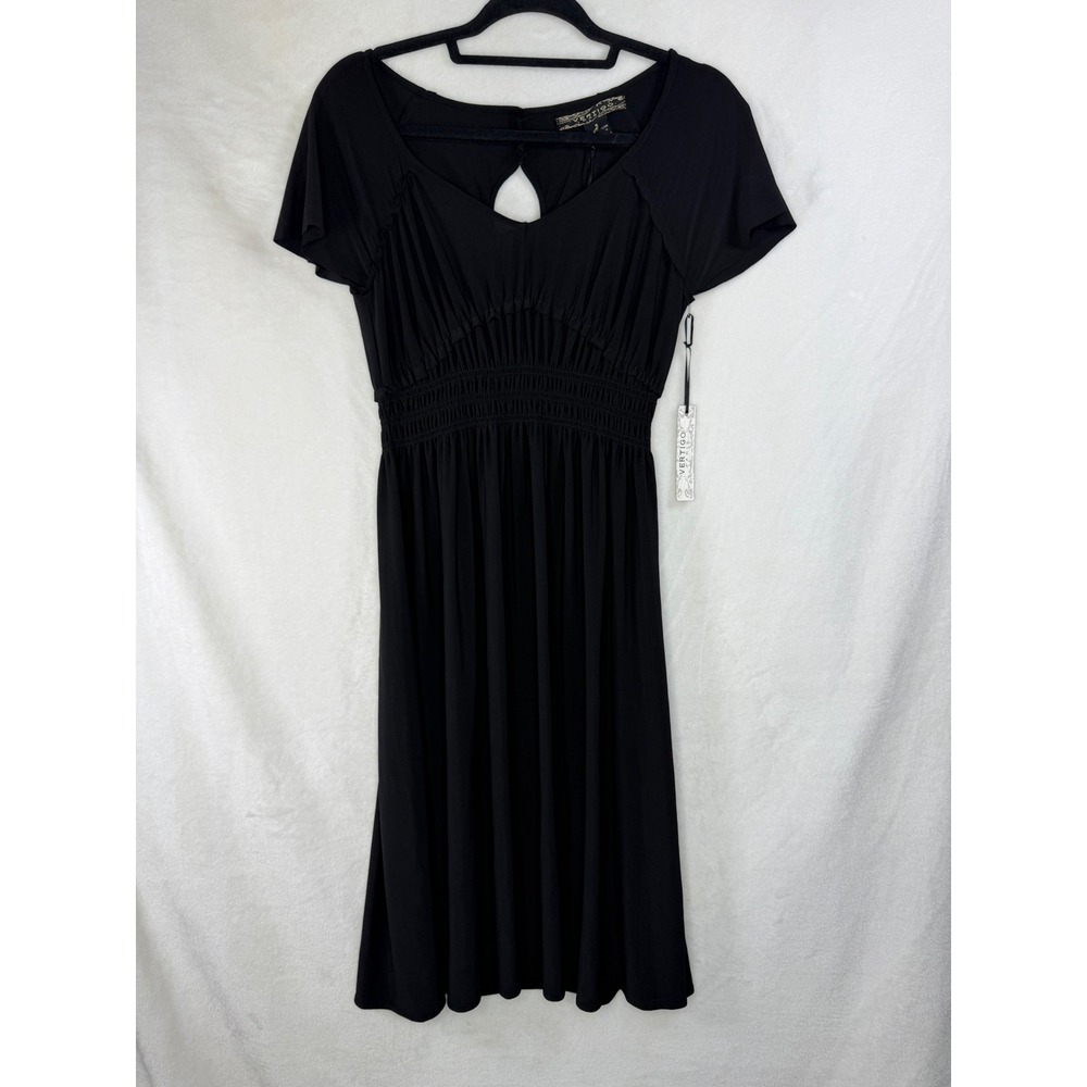NWT Vertigo Paris Black Smocked Empire Waist Midi Dress Keyhole Back 12151-D